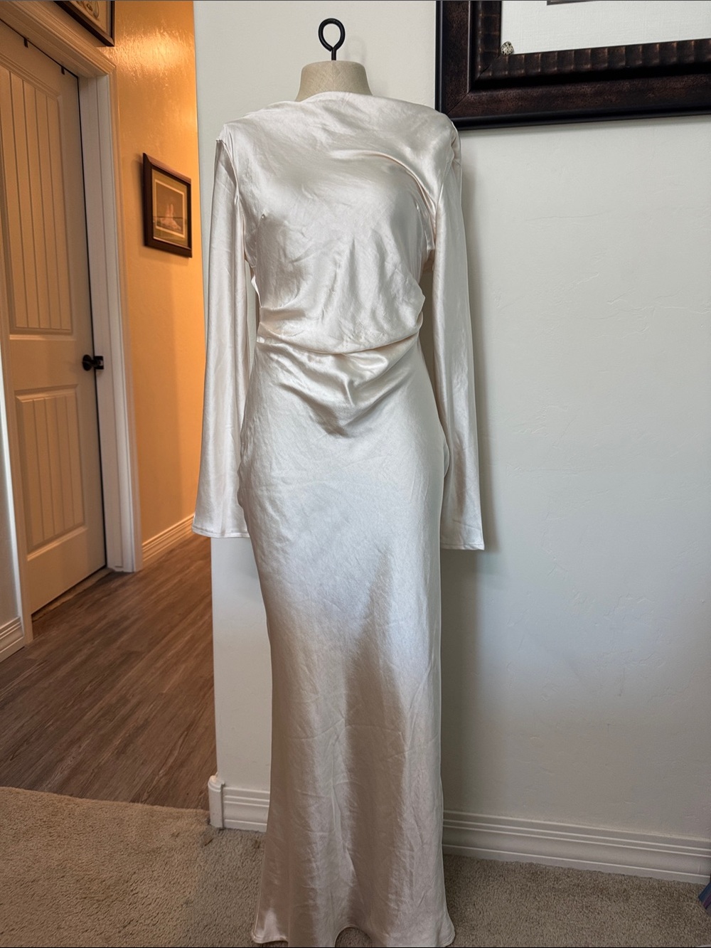 Selfie Leslie Ivory Satin Long-Sleeve Maxi Dress- NWT-size M